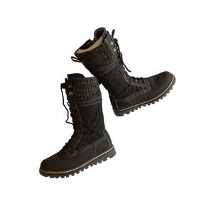 Polar Womens Black Quilted Tall Winter Boots Knit Cuff Lace Up Side Zip Size 6